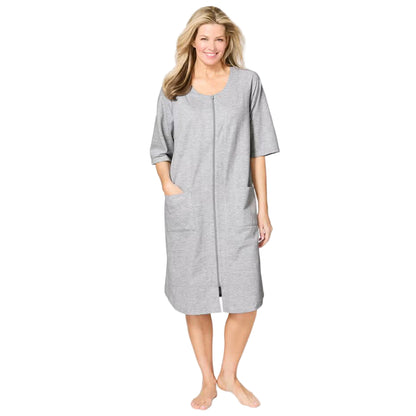 Flat-lay of Heather Grey French Terry Zip-Front Robe on neutral background