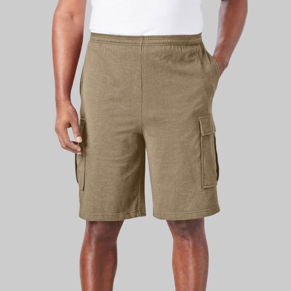 Men’s big-size heather khaki jersey cargo shorts with elastic waist and multiple pockets, designed for lightweight comfort and everyday wear.