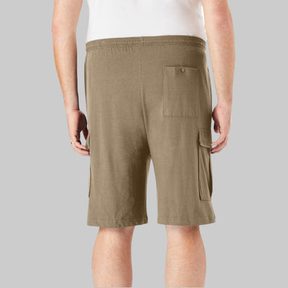 Men’s big-size heather khaki jersey cargo shorts with elastic waist and multiple pockets, designed for lightweight comfort and everyday wear.