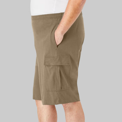 Men’s big-size heather khaki jersey cargo shorts with elastic waist and multiple pockets, designed for lightweight comfort and everyday wear.