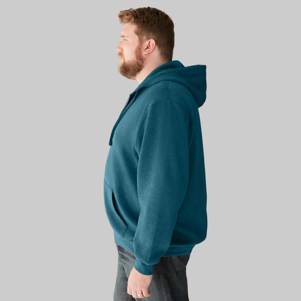 Heather midnight teal fleece zip-front hoodie with relaxed fit and drawstring hood, front view