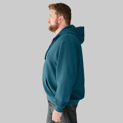 Heather midnight teal fleece zip-front hoodie with relaxed fit and drawstring hood, front view