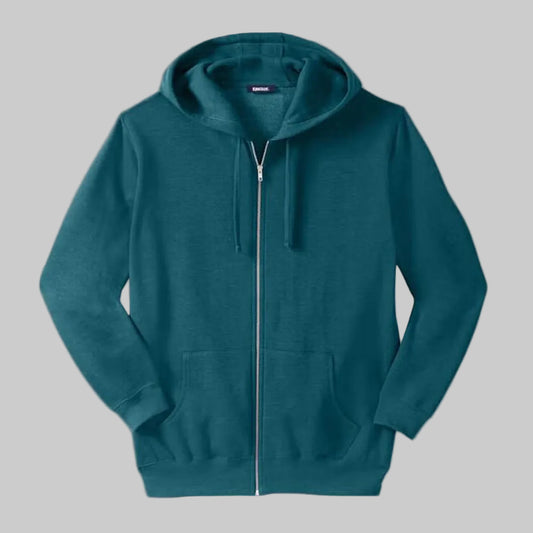 Heather midnight teal fleece zip-front hoodie with relaxed fit and drawstring hood, front view