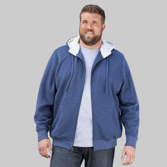 Heather navy sherpa-lined fleece hoodie with drawstring hood, full zip front, and kangaroo pockets — warm and comfortable men’s outerwear.