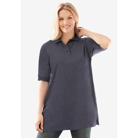 Heather Navy Elbow Short-Sleeve Polo Tunic PSW-8159