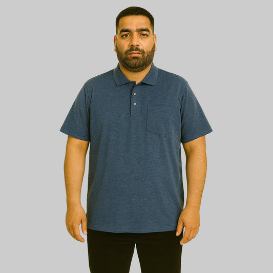 Plus-size Pakistani male model wearing heather navy cotton polo shirt with chest pocket on a clean studio background, relaxed fit.