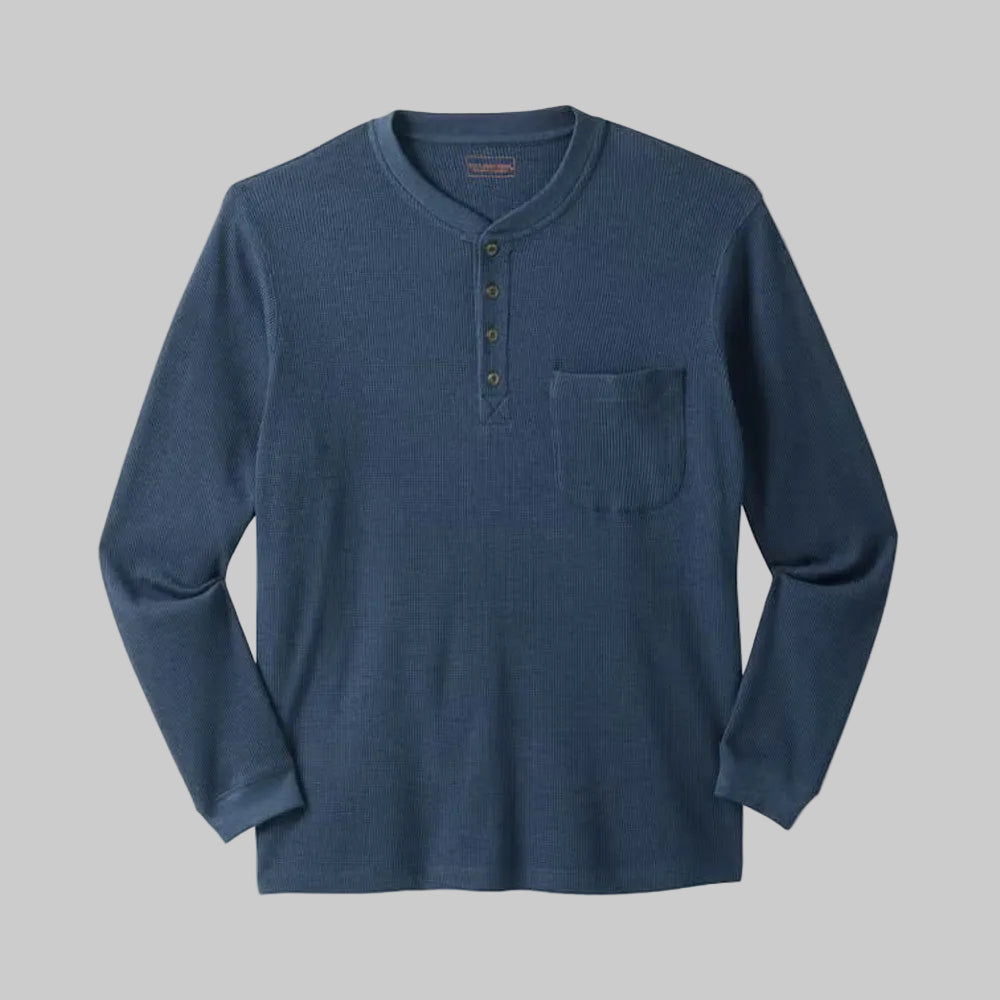 Heather navy longer-length thermal Henley shirt with 4-button placket, chest pocket, and relaxed fit for cold-weather comfort.