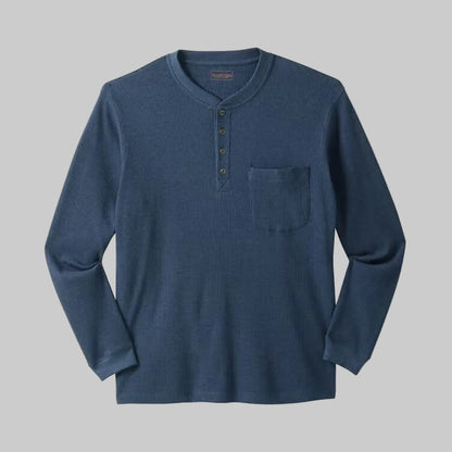 Heather navy longer-length thermal Henley shirt with 4-button placket, chest pocket, and relaxed fit for cold-weather comfort.