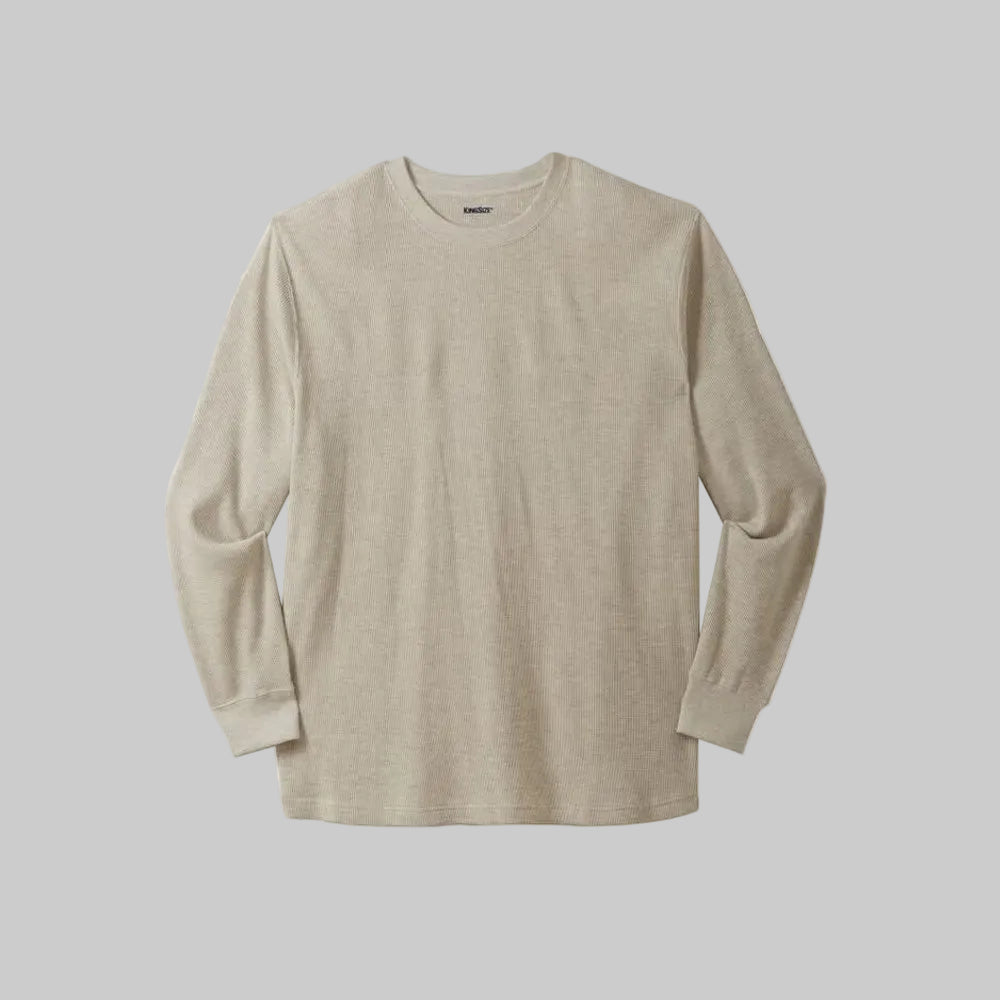 Heather oatmeal big and tall waffle-knit thermal crewneck shirt with relaxed fit and ribbed cuffs