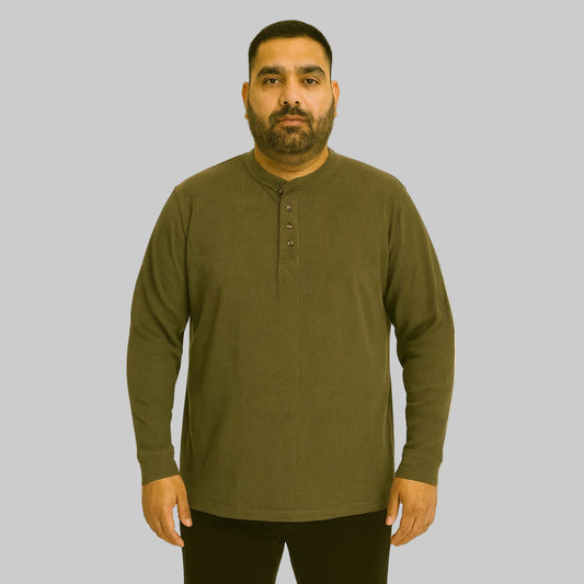 Plus-size Pakistani male model wearing heather olive waffle-knit thermal Henley shirt on a clean studio background, long sleeves, relaxed fit.