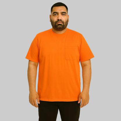 Plus-size Pakistani male model wearing heather orange crewneck pocket T-shirt on a clean studio background.