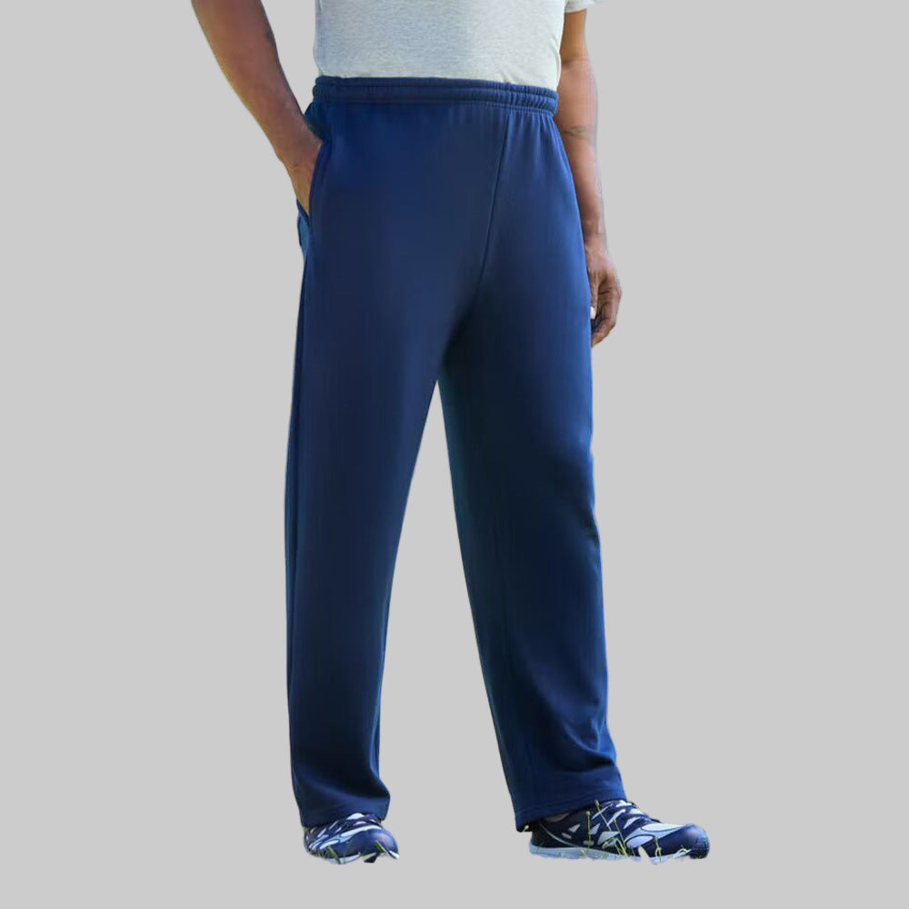 Heather slate blue fleece open-bottom trouser with drawstring waist and pockets displayed on a clean studio background.