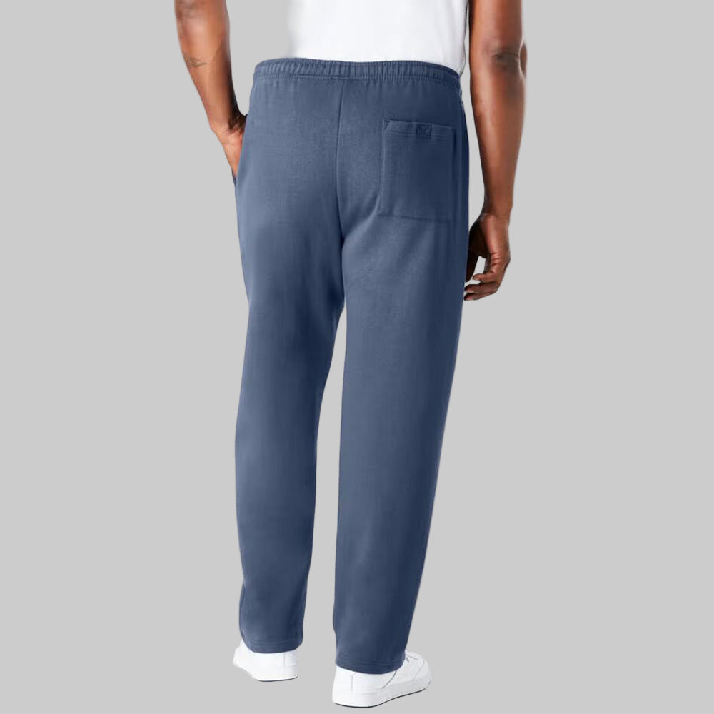 Heather slate blue fleece open-bottom trouser with drawstring waist and pockets displayed on a clean studio background.