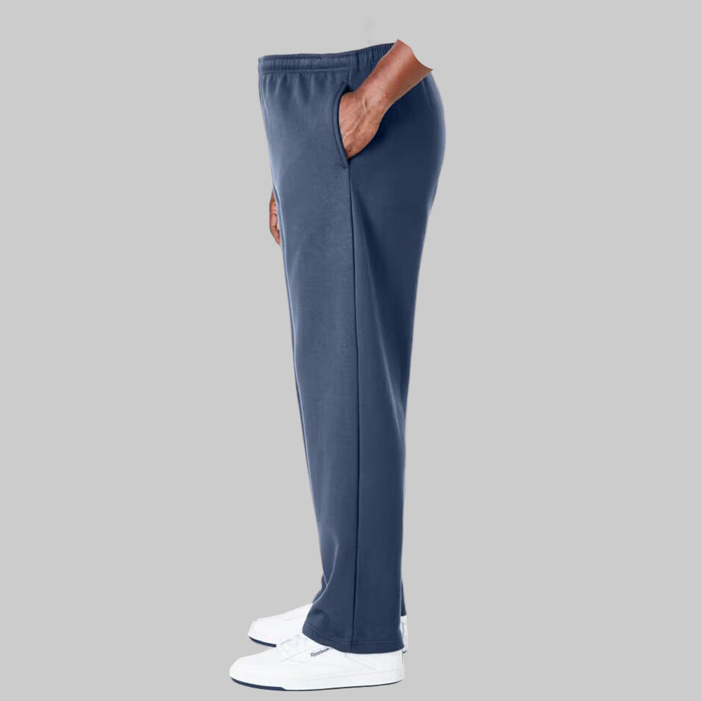 Heather slate blue fleece open-bottom trouser with drawstring waist and pockets displayed on a clean studio background.
