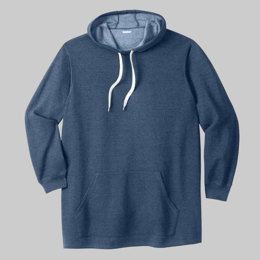 Heather slate blue long-length fleece pullover hoodie with white drawstring, kangaroo pocket, and side vents — soft cotton-poly casual wear.