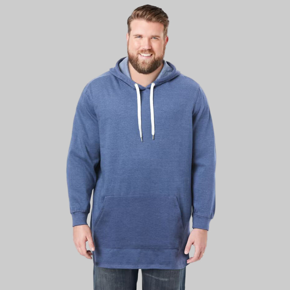 Heather slate blue long-length fleece pullover hoodie with white drawstring, kangaroo pocket, and side vents — soft cotton-poly casual wear.