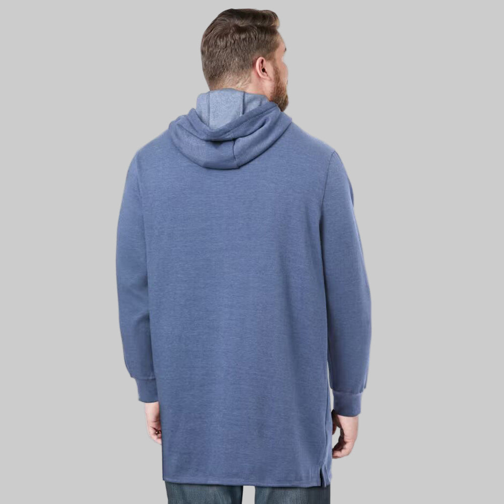 Heather slate blue long-length fleece pullover hoodie with white drawstring, kangaroo pocket, and side vents — soft cotton-poly casual wear.