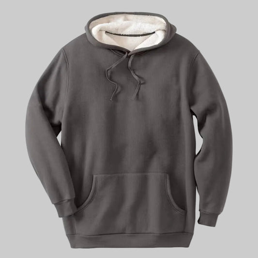 Heather slate sherpa-lined pullover hoodie for big and tall men with drawstring hood, kangaroo pocket, ribbed cuffs and hem, warm waffle-knit fabric.