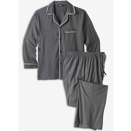 Heather Slate White Piping Long Sleeve Pajama Set PSM-8959