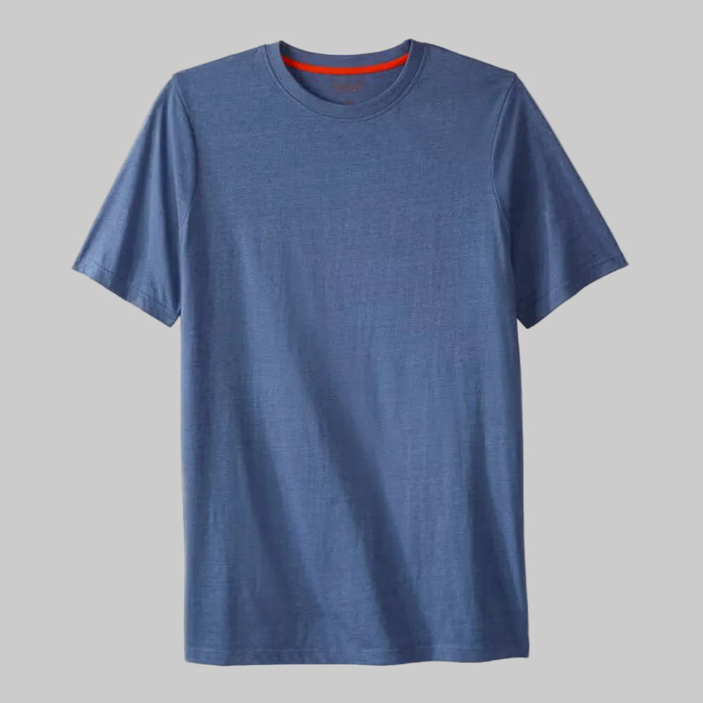 Heather Blue longer-length crewneck t-shirt for men with a soft fabric, classic crew neckline, and extended hem for comfortable everyday casual wear.