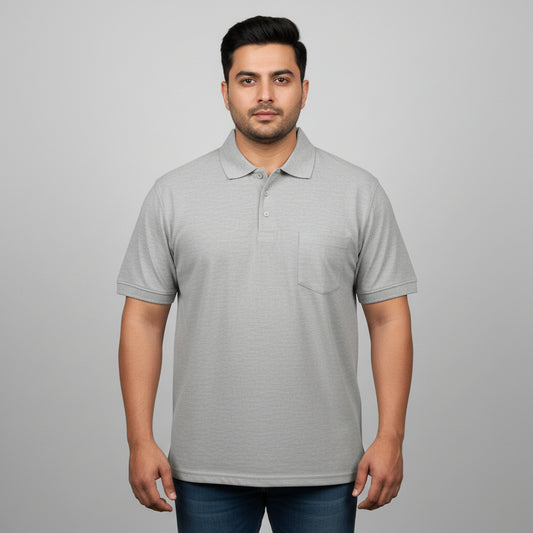 Heather Gray Pique Cotton Polo Shirt with Chest Pocket for Men Front View