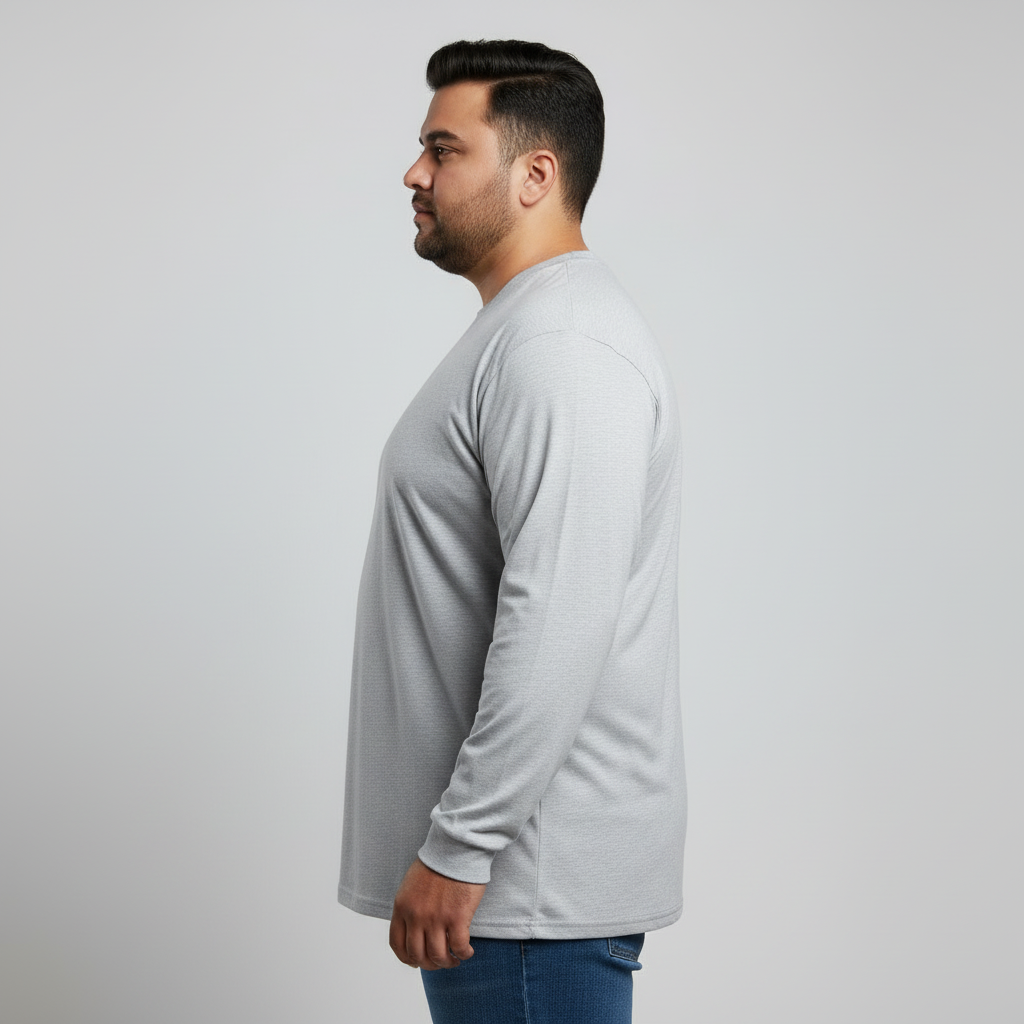 Heather grey jersey long sleeve t-shirt for men, relaxed fit with classic crew neck, soft cotton fabric, full sleeves, studio product image on light background.