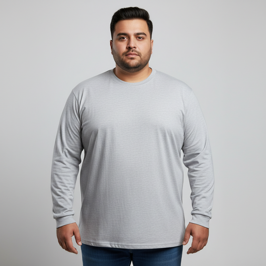 Heather grey jersey long sleeve t-shirt for men, relaxed fit with classic crew neck, soft cotton fabric, full sleeves, studio product image on light background.