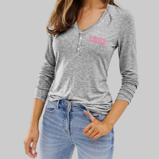 Heather grey love printed thermal shirt made from 55% cotton and 45% polyester