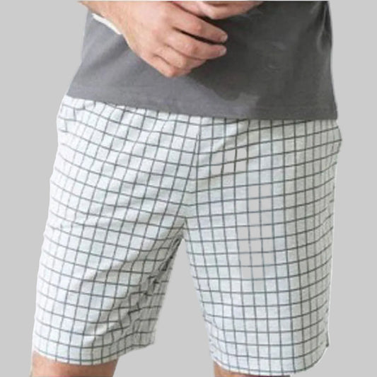 Heather Grey Plaid Jersey Shorts made from soft jersey fabric with a classic plaid pattern and comfortable relaxed fit for casual everyday wear.