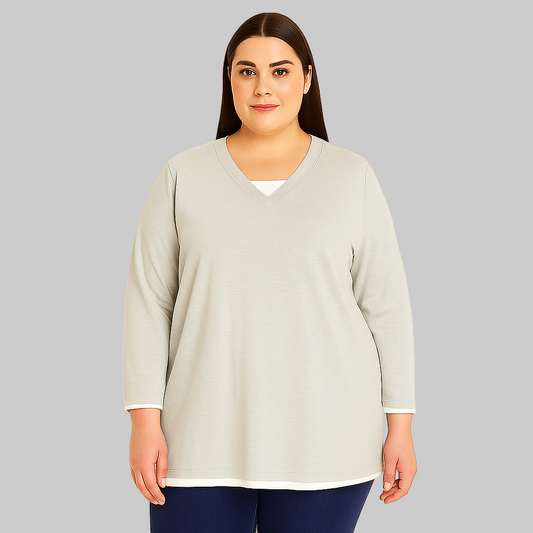 Layered Look Tee, Long Sleeve Top, Plus Size Women, Heather Grey, V-Neck Shirt, Cotton Blend, Casual Wear, Everyday Comfort, Plussize.pk