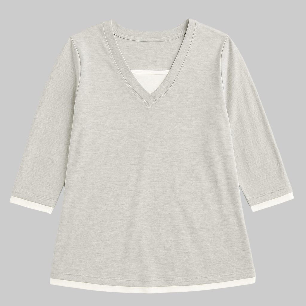 Layered Look Tee, Long Sleeve Top, Plus Size Women, Heather Grey, V-Neck Shirt, Cotton Blend, Casual Wear, Everyday Comfort, Plussize.pk