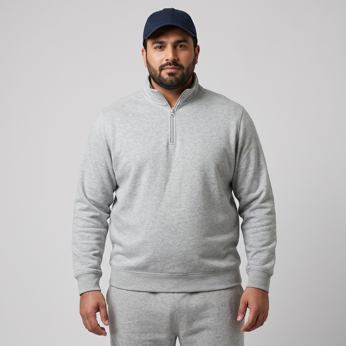 Heather Grey Zip-Up Trucker Collar Fleece Sweatshirt PSM-8925