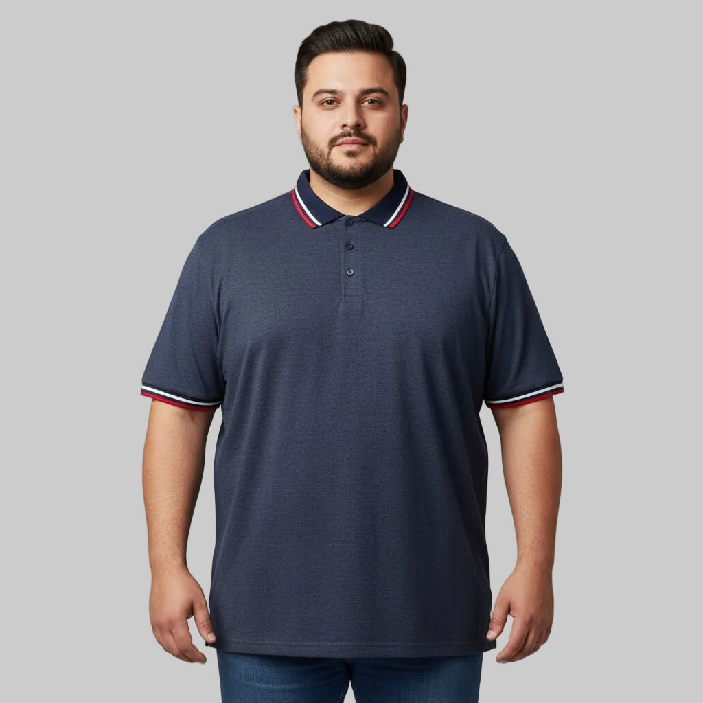 Heather navy plus size polo shirt with red and white tipped collar front view