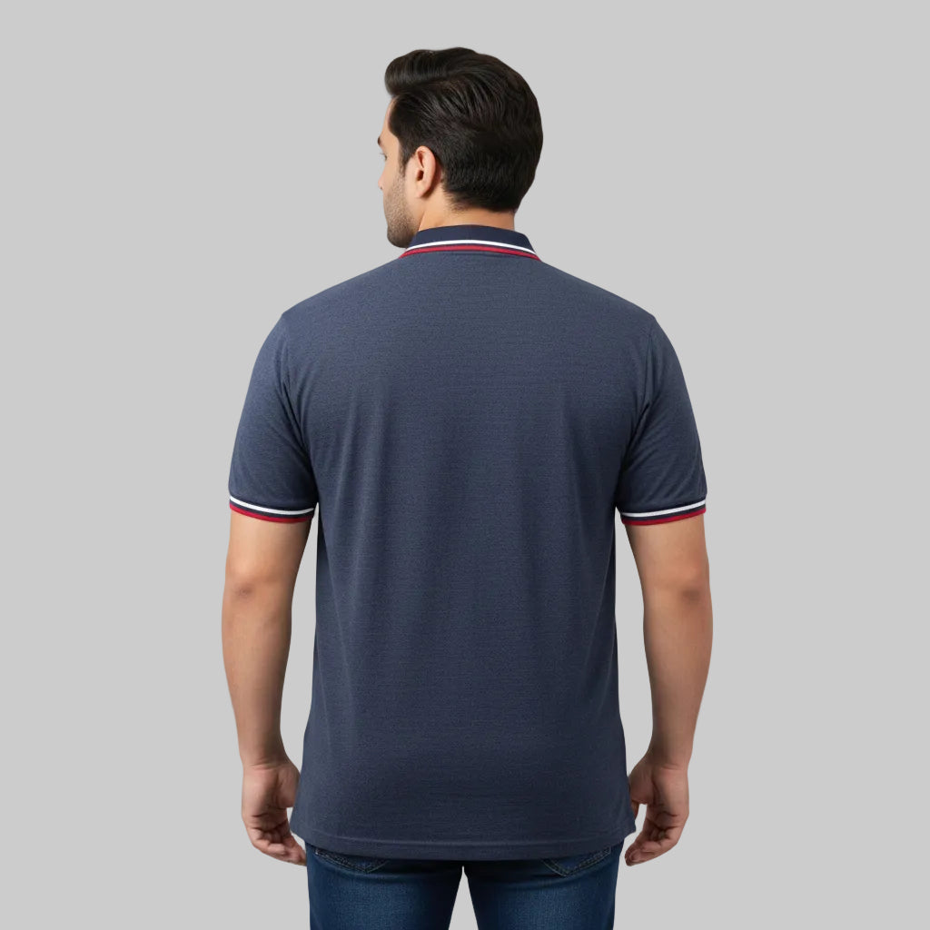 Heather navy plus size polo shirt with red and white tipped collar front view