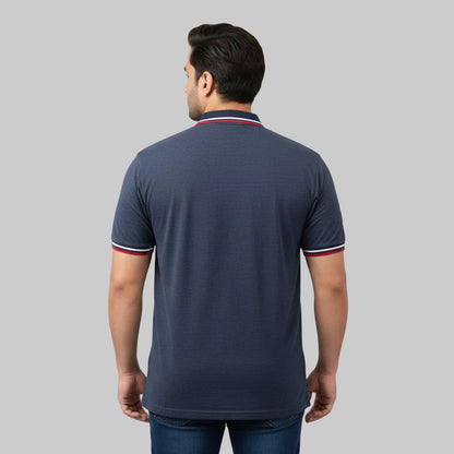 Heather navy plus size polo shirt with red and white tipped collar front view