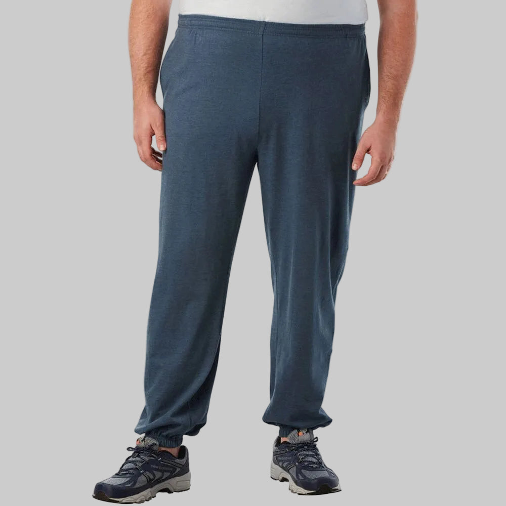 Heather slate blue jersey cuff trouser shown in a relaxed fit with soft fabric, elastic waistband, and cuffed ankles, ideal for casual and lounge wear.