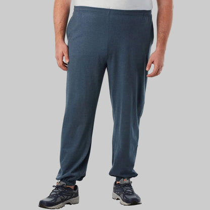 Heather slate blue jersey cuff trouser shown in a relaxed fit with soft fabric, elastic waistband, and cuffed ankles, ideal for casual and lounge wear.