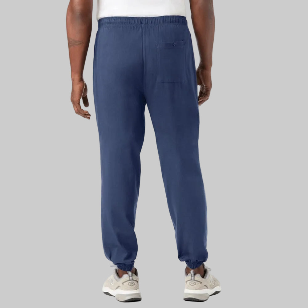 Heather slate blue jersey cuff trouser shown in a relaxed fit with soft fabric, elastic waistband, and cuffed ankles, ideal for casual and lounge wear.