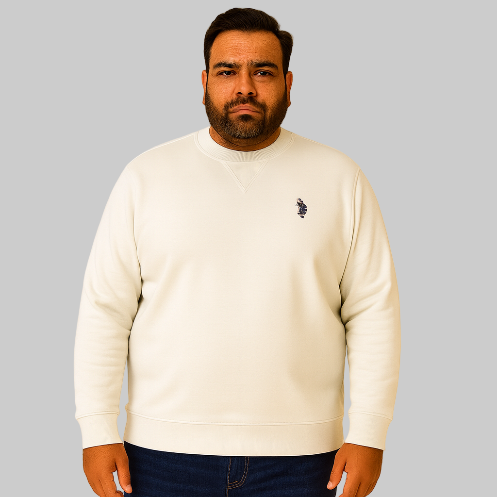 Heather White Oatmeal Fleece Crewneck Sweatshirt for men with ribbed cuffs and hem — soft cotton-blend casual pullover.