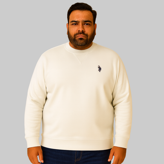 Heather White Oatmeal Fleece Crewneck Sweatshirt for men with ribbed cuffs and hem — soft cotton-blend casual pullover.