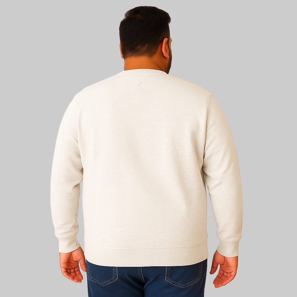 Heather White Oatmeal Fleece Crewneck Sweatshirt for men with ribbed cuffs and hem — soft cotton-blend casual pullover.