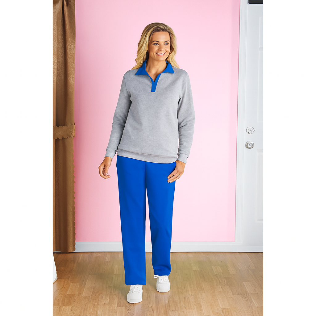 Heather grey color-blocked fleece lounge set with knit top and elastic waist pull-on pants.