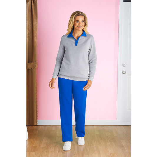 Heather grey color-blocked fleece lounge set with knit top and elastic waist pull-on pants.