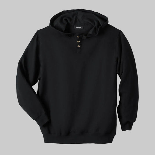 Henley fleece pullover hoodie with button placket, soft brushed fabric, long sleeves, relaxed fit, and cozy everyday comfort in a clean solid color