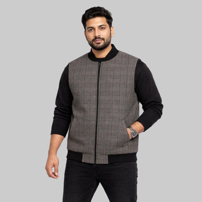 Heritage check sleeveless full zip jacket with ribbed collar and hem, front view, premium plaid winter vest for men.