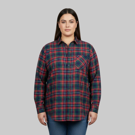 Plus size red green tartan plaid flannel shirt with button front and long sleeves.