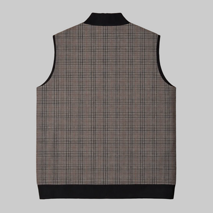 Heritage check sleeveless full zip jacket with ribbed collar and hem, front view, premium plaid winter vest for men.