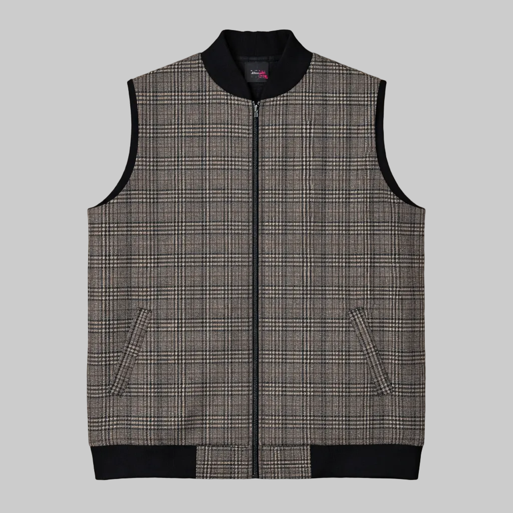 Heritage check sleeveless full zip jacket with ribbed collar and hem, front view, premium plaid winter vest for men.