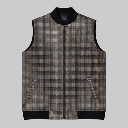 Heritage check sleeveless full zip jacket with ribbed collar and hem, front view, premium plaid winter vest for men.
