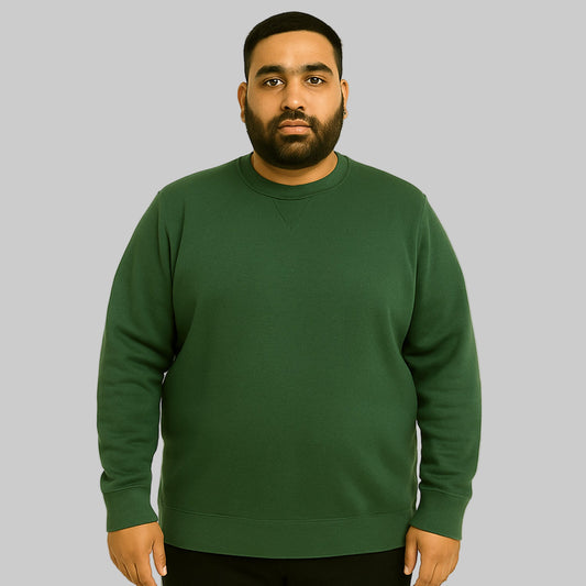 Hunter green athletic fleece crewneck sweatshirt with long sleeves, classic fit, and small vintage-style logo displayed on a studio background.